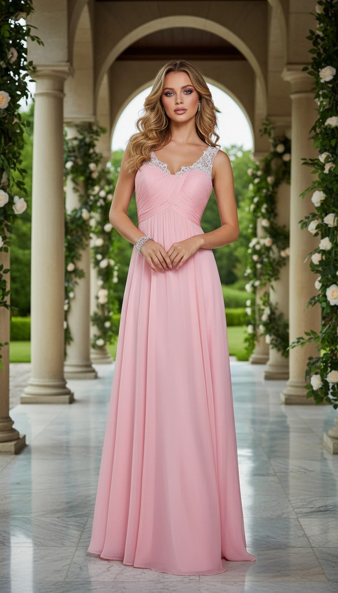 A woman in the Sheer-Back Long A-Line Prom Dress: La Femme 21130, with jeweled straps, stands in a marble colonnade garden filled with greenery and white flowers—her elegant gown perfect for any special occasion.